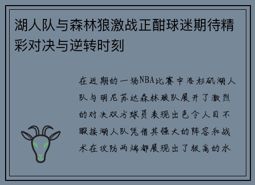 湖人队与森林狼激战正酣球迷期待精彩对决与逆转时刻